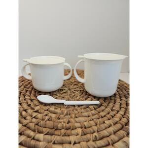 Tupperware Vintage Sugar & Creamer Spoon Set White Snap Lid Coffee Tea